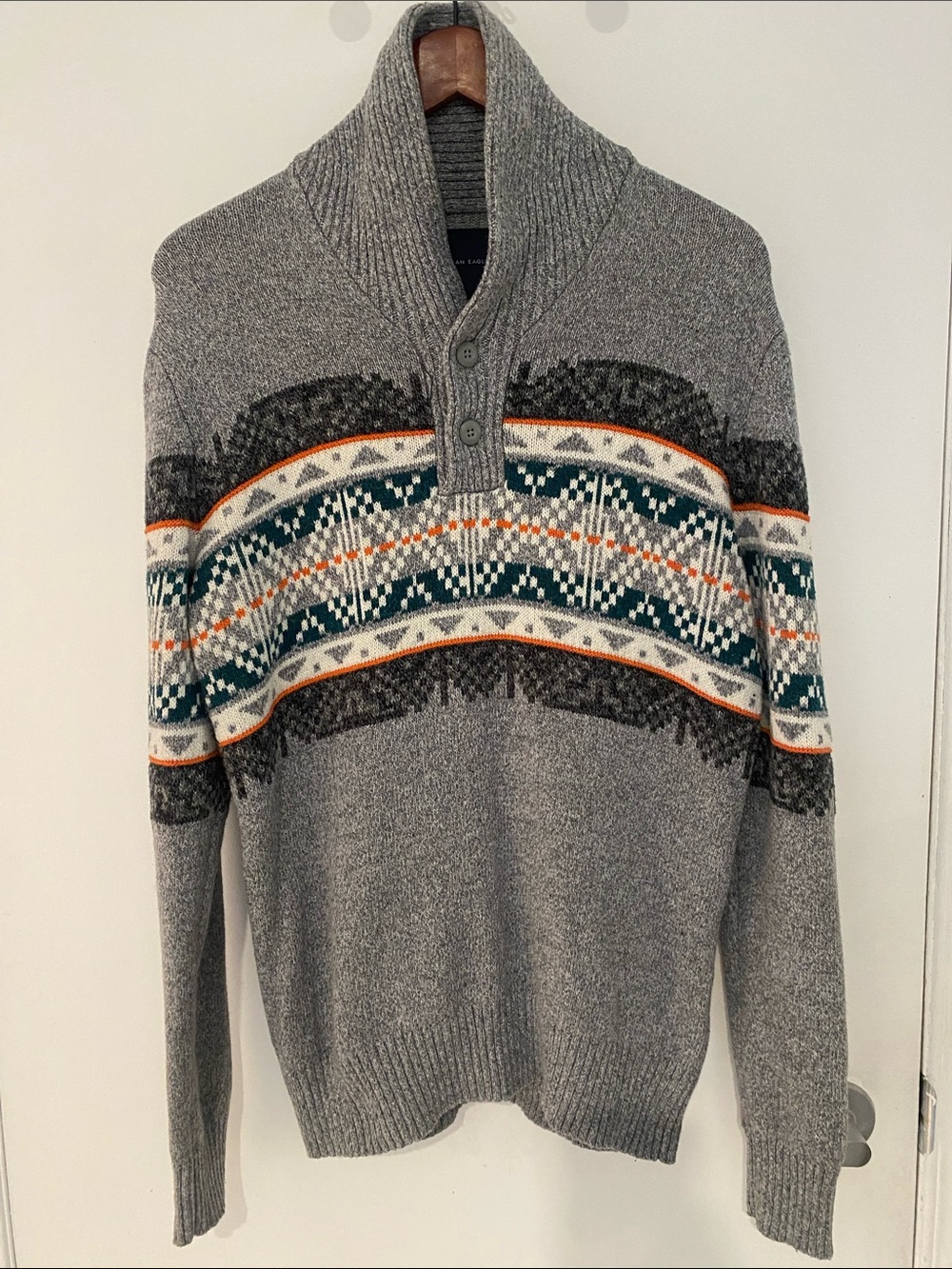 American Eagle Gray Shawl Collar Cotton/Wool Sweater Fair Isle Detai Size Medium